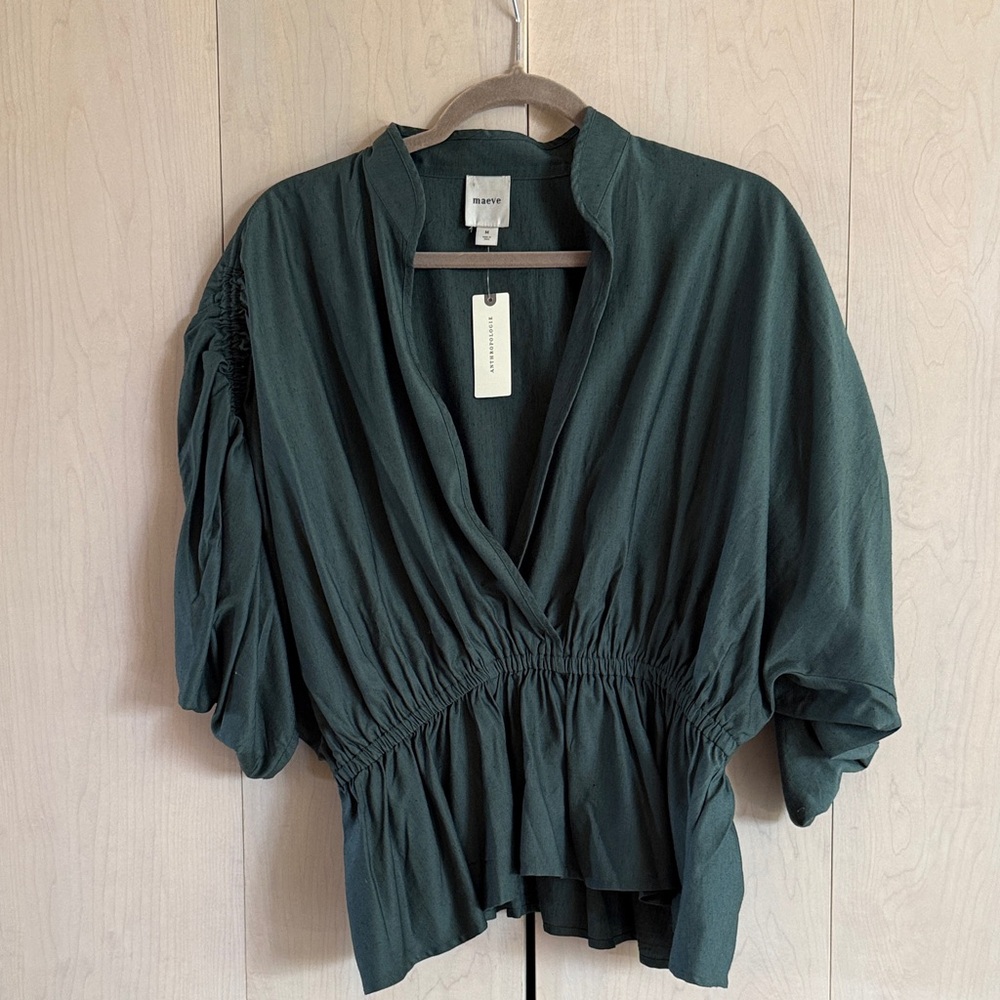 NWT Maeve Hunter Green Gathered-Waist V-Neck Blouse